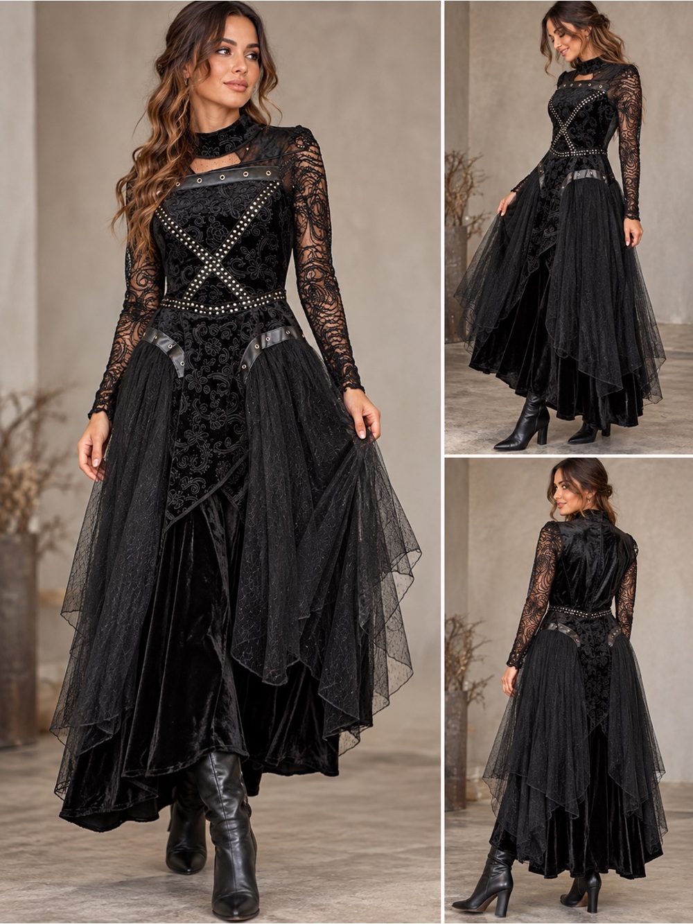 Spirit Halloween Black Lace & Velvet Gothic Maxi Dress